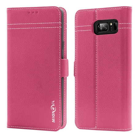 Samsung Galaxy Note 8 case, Mignova Genuine Leather Case Flip Folio Book Case Wallet Cover with Kickstand Feature Card Slots and Magnetic clip Closure for Galaxy Note 8 2017 (Pink)