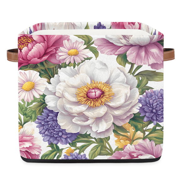 CURLYOOT 13 x 13 Inch Cube Storage Bin, Floral Fabric Storage Cube Baskets, Vintage Flower Closet Shelves Foldable Bins with Leather Handles for Home Organizer