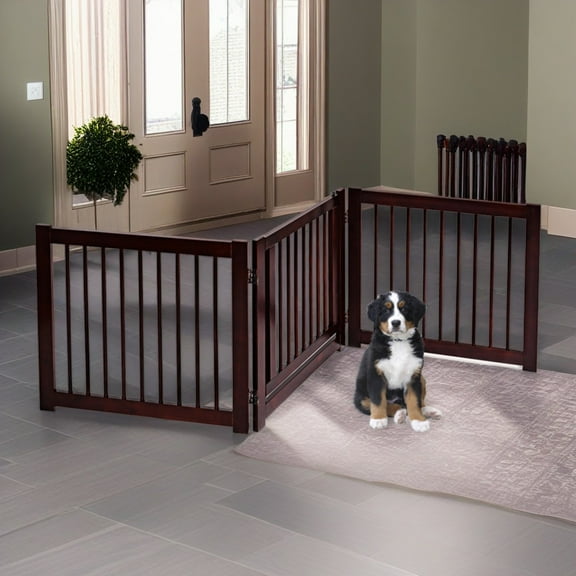 Demi Bonn 24"H 3 Panel Freestanding Pet Gate Wood Folding Dog Fence for Doorways, Stairs Step Over Divider for Dogs and Puppies, Brown