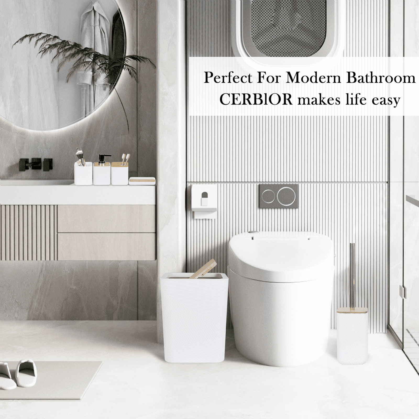 CERBIOR Bathroom Accessories Set 6 Piece Bamboo Bath Ensemble Includes Soap Dispenser, Toothbrush Holder, Toothbrush Cup, Soap Dish for Decorative Countertop and Housewarming Gift, White