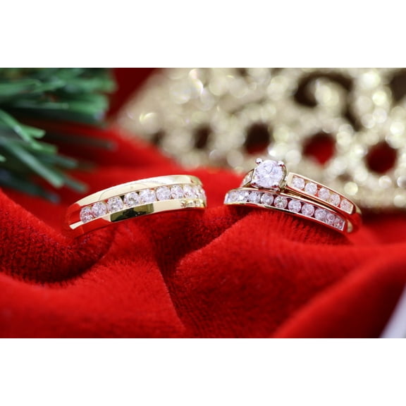 Sparkle Jewels Stylish Trio Ring Set 14K Yellow Gold Finish Couple Wedding Bands with Engagement Ring