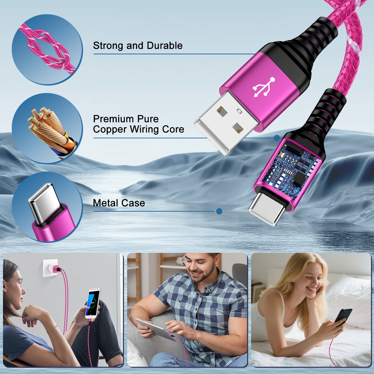USB C Charger Block Fast Charging, 2 Pack Dual Port USB Wall Charger with 6FT USB C Cable, Type C Block Wall Charger Adapter USB C Brick Cube with USB C Phone Charger Cords, Pink