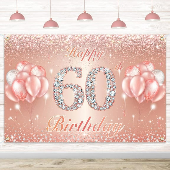 Happy 60th Birthday Banner Backdrop - 60 Birthday Party Decorations Supplies for Women or Men - Rose Gold