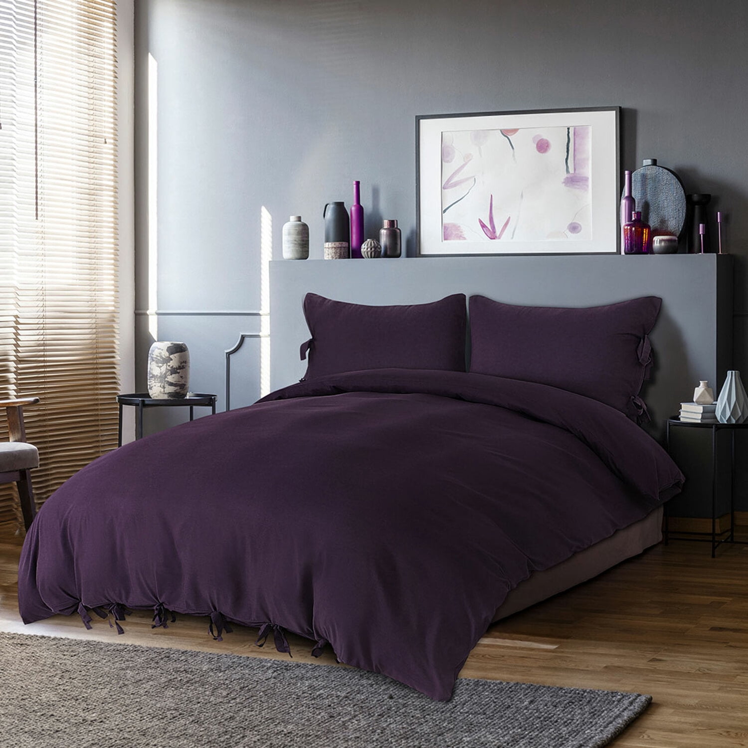 Unique Bargains 3-Pack Bow Tie Duvet Cover Bedding Set Queen Dark Purple