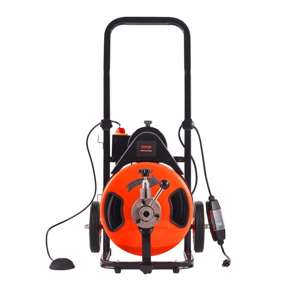 Drain Cleaner Machine 100 FT x 1/2 Inch, Sewer Auger Auto Feed with 4 Cutter & Air-activated Foot Switch for 1" to 4" Pipes, Orange, Black,