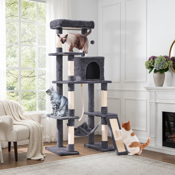 Yaheetech 63 Inch Multilevel Cat Tree with Hammock and 7 Scratching Posts, Dark Gray