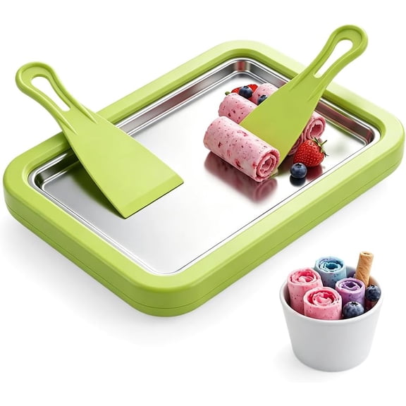 2-in-1 Portable Rolled Ice Cream Maker Plate, Stainless Steel Instant Cold Tray with 2 Scrapers for Homemade Yogurt & Sorbet, Green (k)