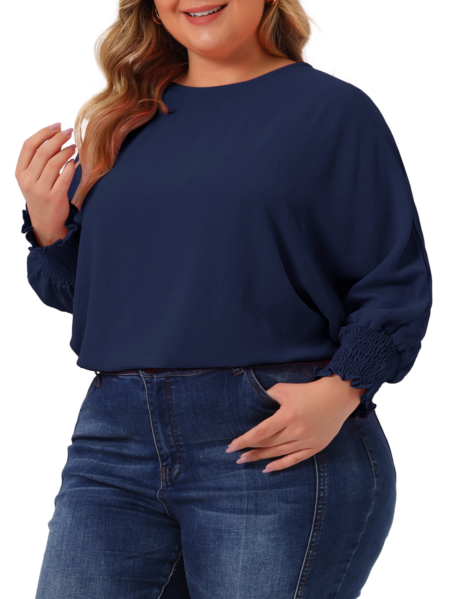 Unique Bargains Women's Plus Size Chiffon Tops Batwing Ruffle Long Sleeve Loose Blouses 4X Navy Blue
