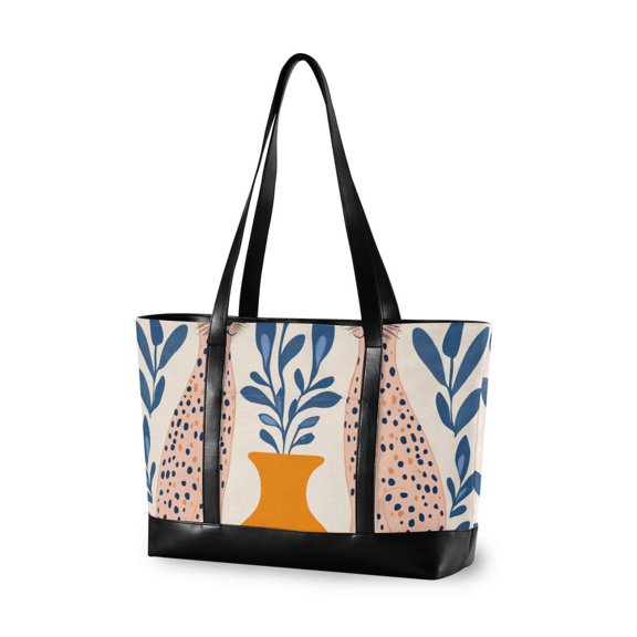 FORMRS Canvas Laptop Tote Bag for Women with 15.6" Computer Compartments Shoulder Handbag, Leopards Leaves