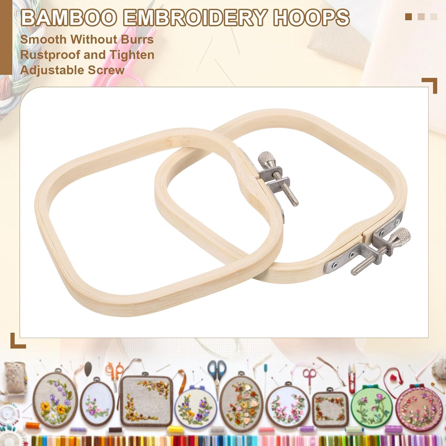 ABPETE Square Embroidery Hoops, Adjustable Bamboo Cross Stitch Hoops Ring Embroidery Frame Punch Needle Hoop for Sewing, Needlework, DIY( 6 Pieces 4.7" x 4.7" )