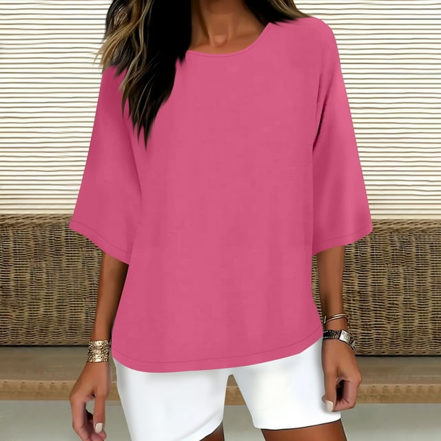 JMKQLZ Women's Solid Color Crew Neck Shirt 3/4 Sleeve Casual Top