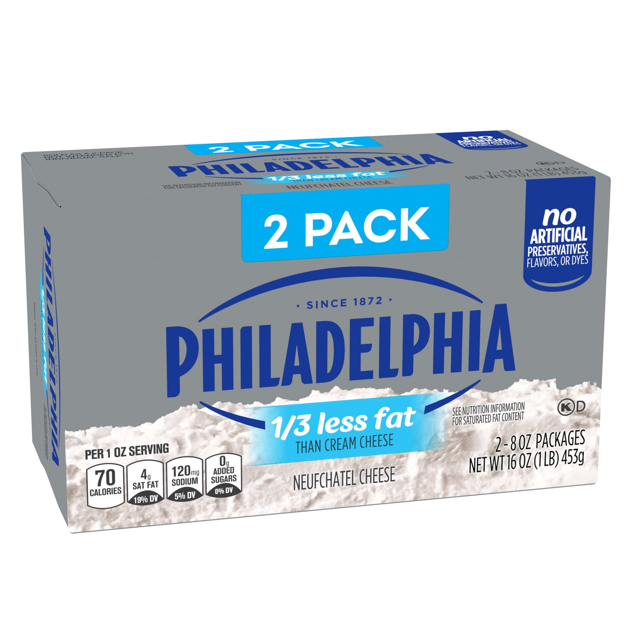 Philadelphia Neufchatel Cheese, 2 Blocks, for Recipes and Baking, 1/3 Less Fat, No Artificial Preservatives, Flavors or Dyes, 8 oz