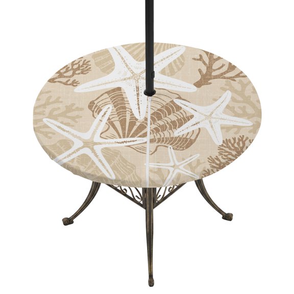 Round Outdoor Tablecloth with Umbrella Hole and Zipper, Khaki Starfish Tablecloth with Elastic Waterproof, Coral Shell Ocean Vintage Coastal Patio Table Covers for 31" - 35" Picnic Pool Tables