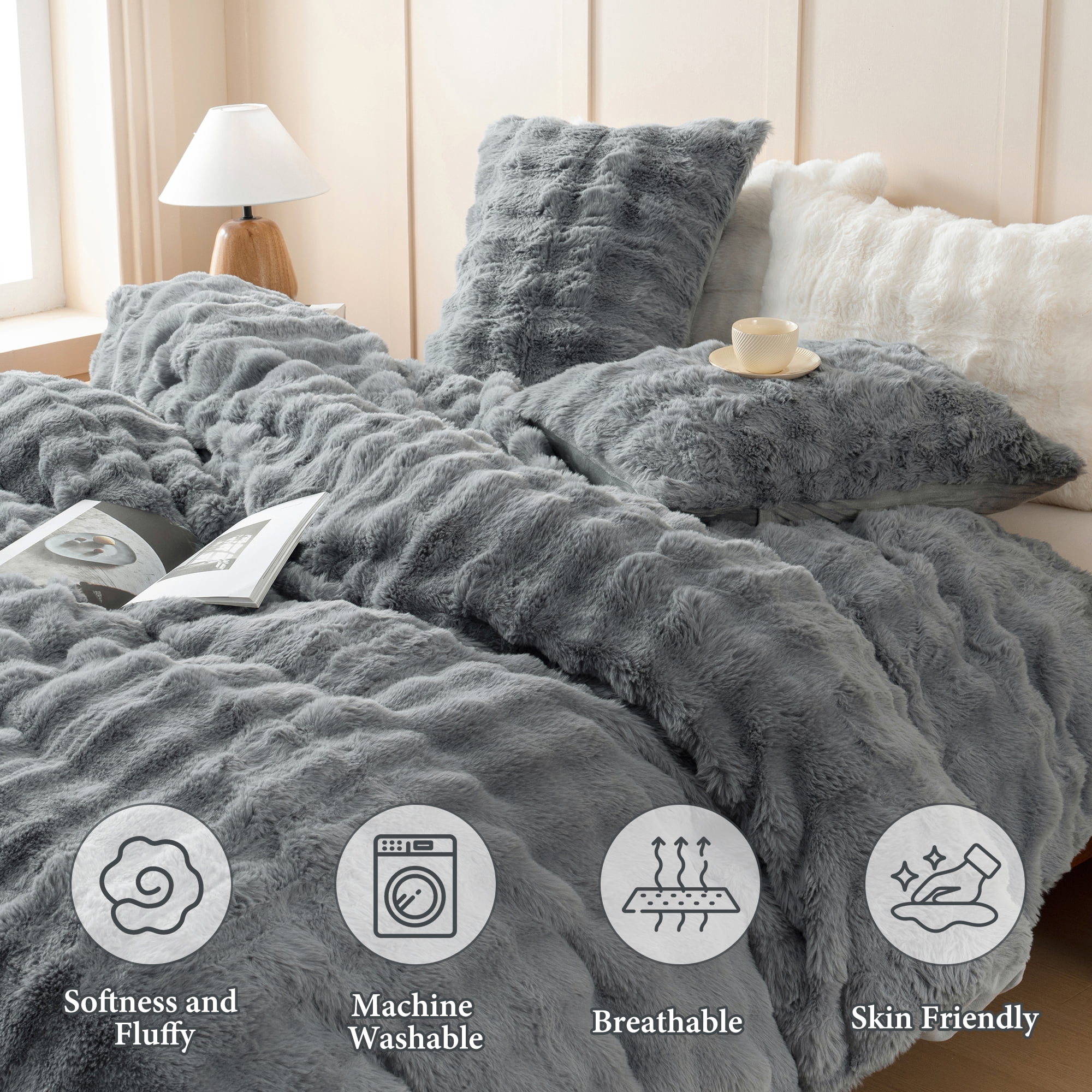 BLEUM CADE Fluffy Comforter Set King Size,Faux Fur Luxury Fuzzy Bedding Sets Light Gray,Shaggy Plush Duvet Cover Set with 2 Pillowcases