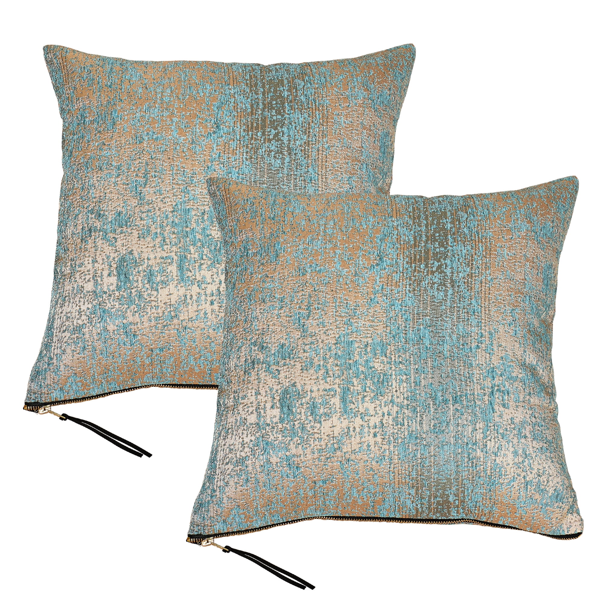 Home Soft Things Jacquard Chenille Big Zipper Throw Pillow Cover 2 Piece Set - Teal/Camel - 20" x 20"