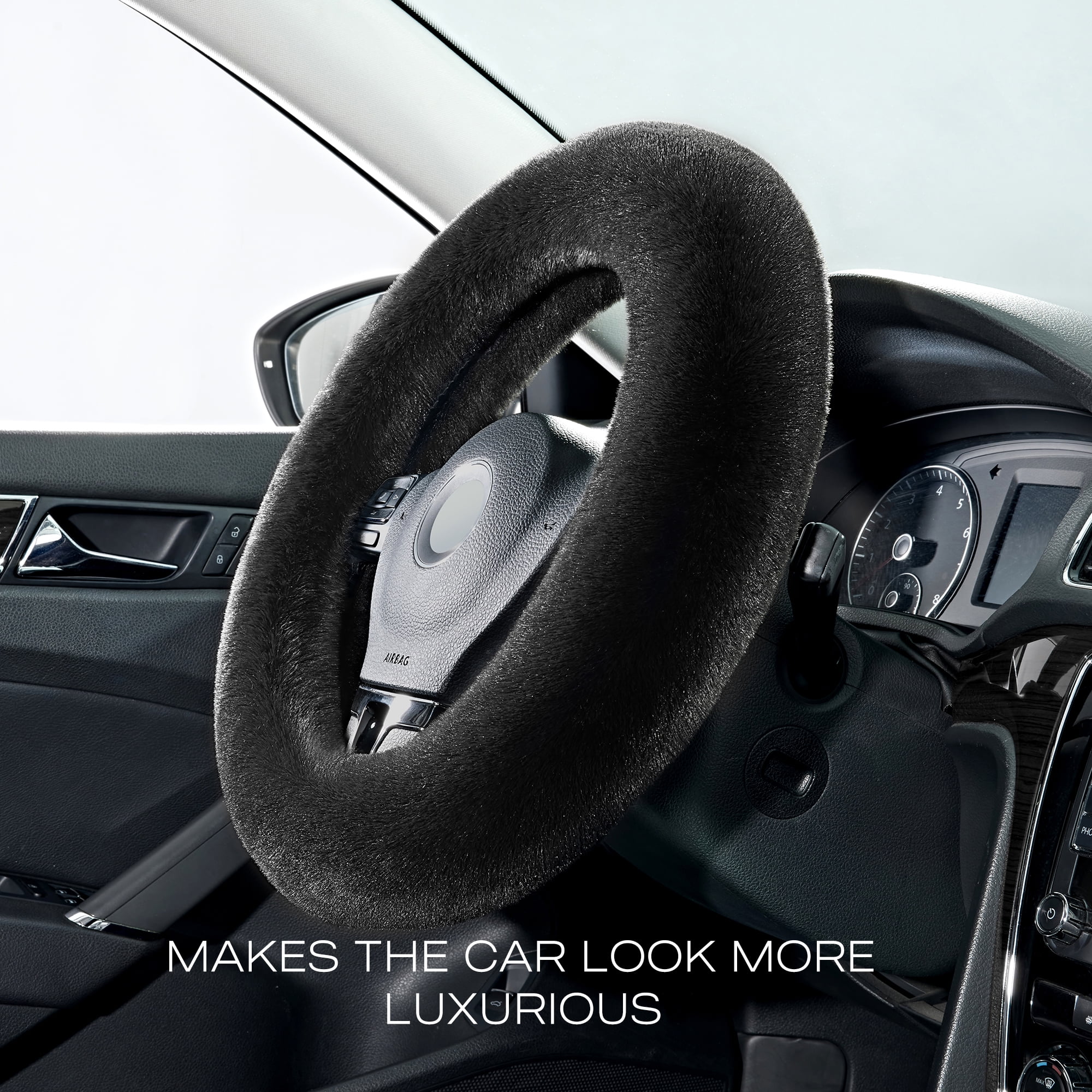 Auto Drive 1Piece Car Steering Wheel Cover Cozy Soft Faux Fur Polyester - Universal Fit, Black