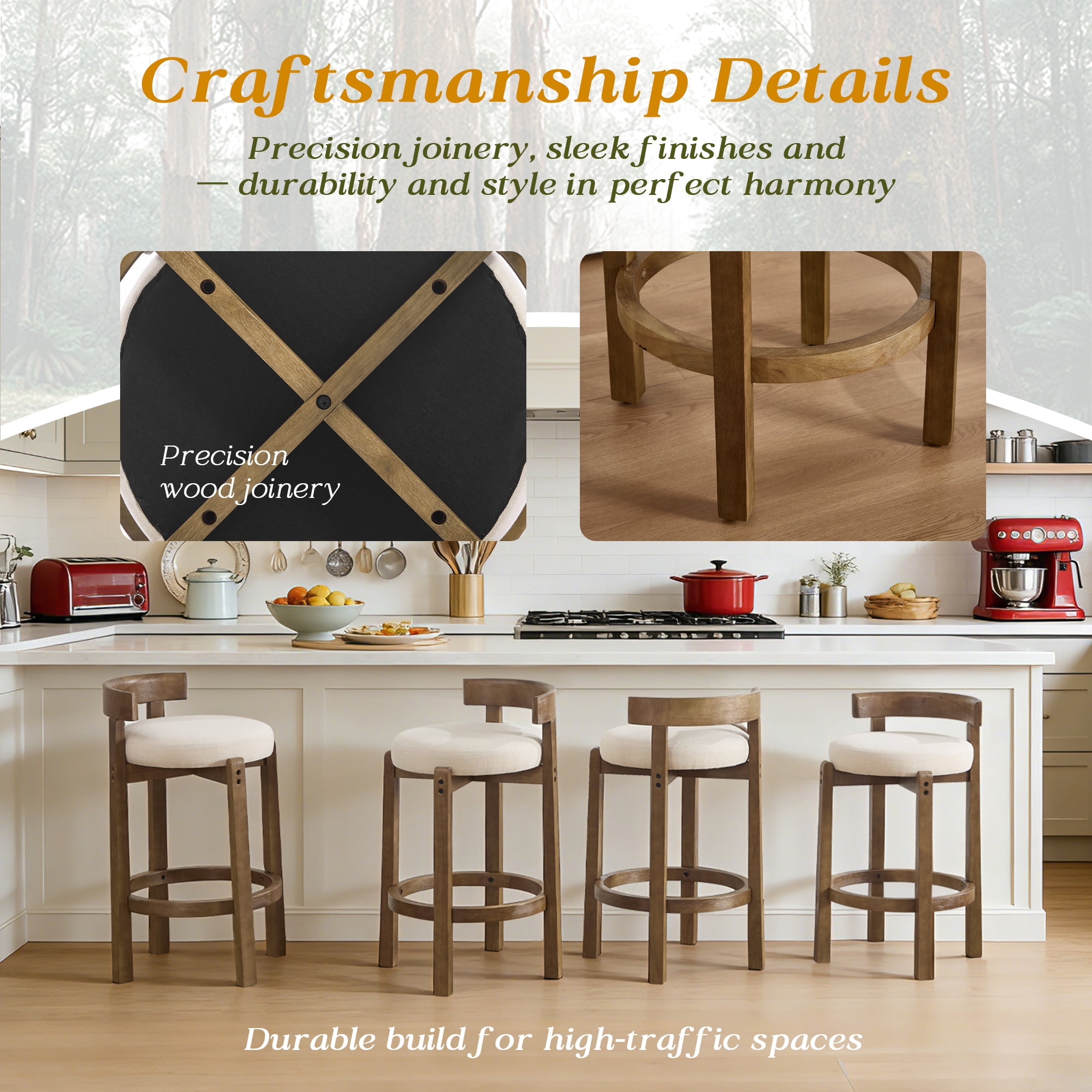 Nordic Style Solid Wood Bar Stool Set of 2 - High Stool for Home Kitchen Island & Bar, Comfortable & Stable