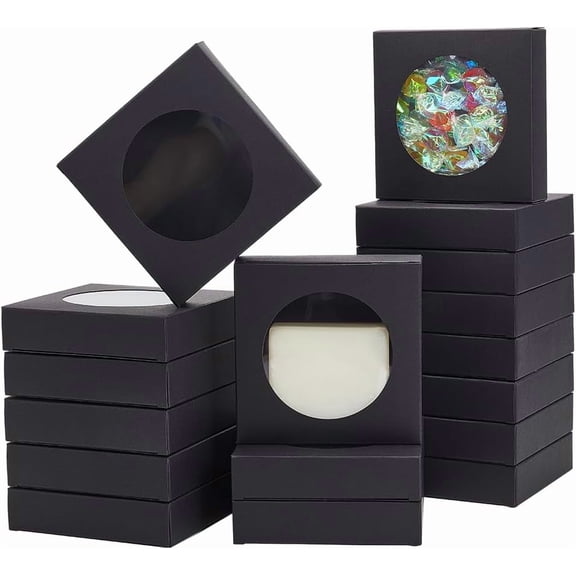 24 Packs 3.9x3.9x0.95 Inch Square Paper Boxes with Round Window Black Kraft Bakery Boxes Gift Packaging Boxes for Dessert Cake Candy Muffin Donut MacaronBlack