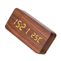 SOPOTUTU Modern Wooden LED Alarm Clock with Temperature Display, Brown, Digital Desk Clock with Snooze and Night Light