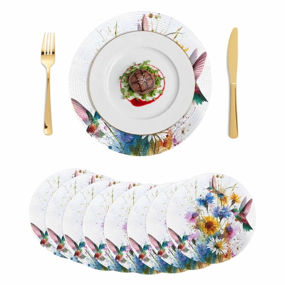 Hummingbird Round 15 Inch Placemats Set of 8, Spring Farmhouse Oil Painting Sunflowers HeatResistant Non Slip Place Mats for Dining Table, Wipeable Braided Kitchen Table Mats for Housewarming