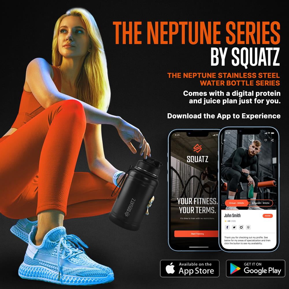 Squatz 74 oz Neptune Series Steel Water Bottle, Stainless Double Wall Vacuum Jug w/ Handle Strap