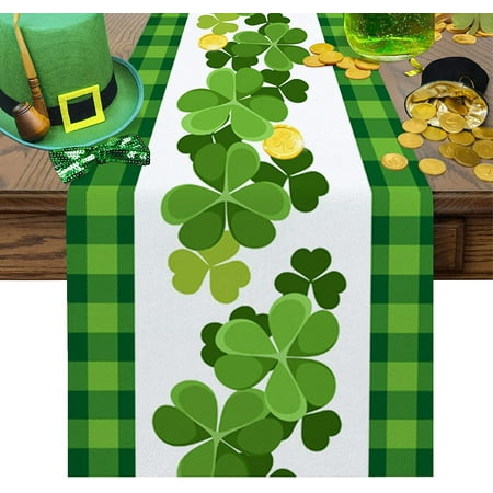 

St. Patrick s Day Clover Table Runner 13 x 90 inch Patricks Lucky Shamrock Truck Gnome Green Plaid Non-Slip Dresser Scarves for Home Decorations Party Dinner and Gatherings