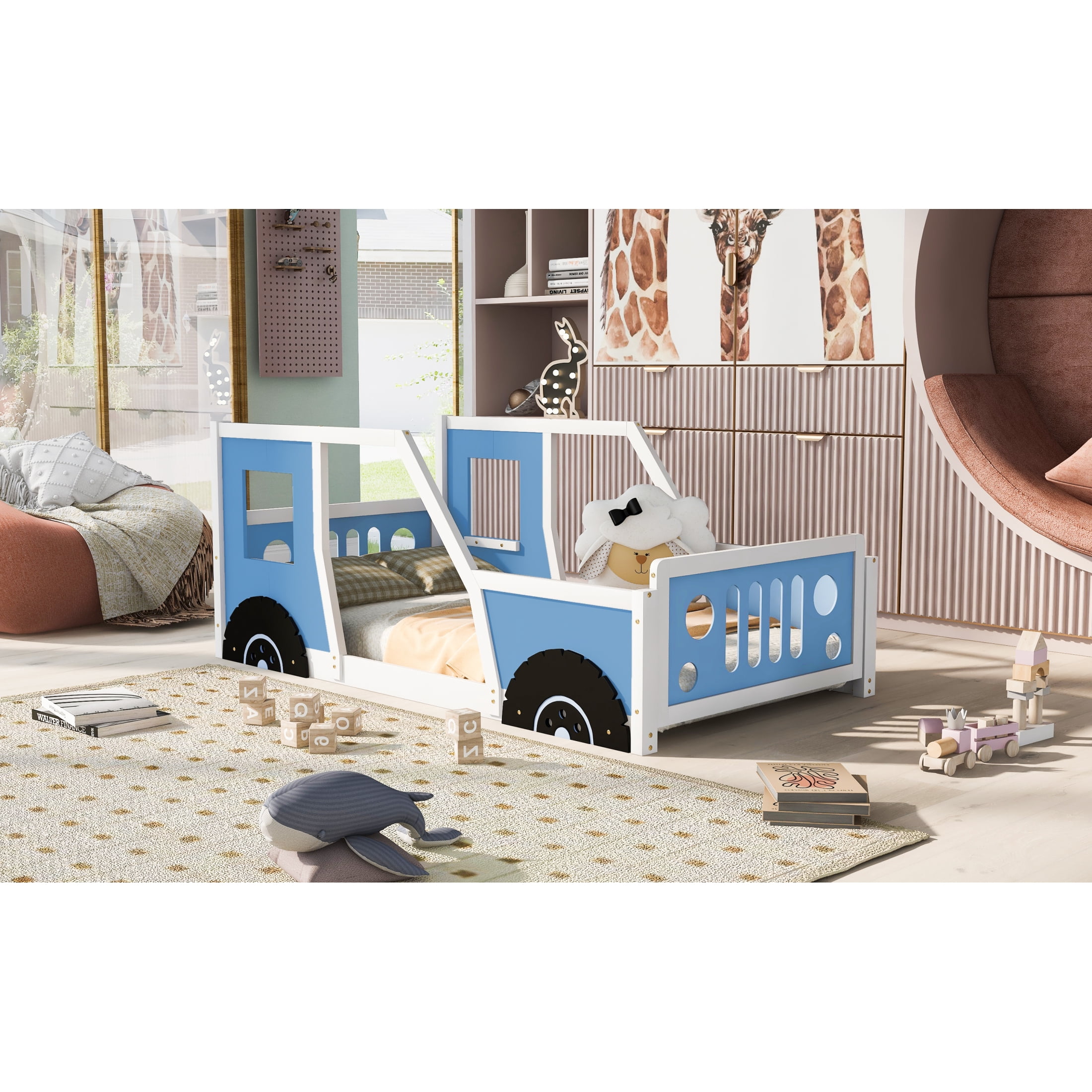 Newboti Furniture Twin Size Classic Car-Shaped Platform Bed with Wheels, Blue NO.44229