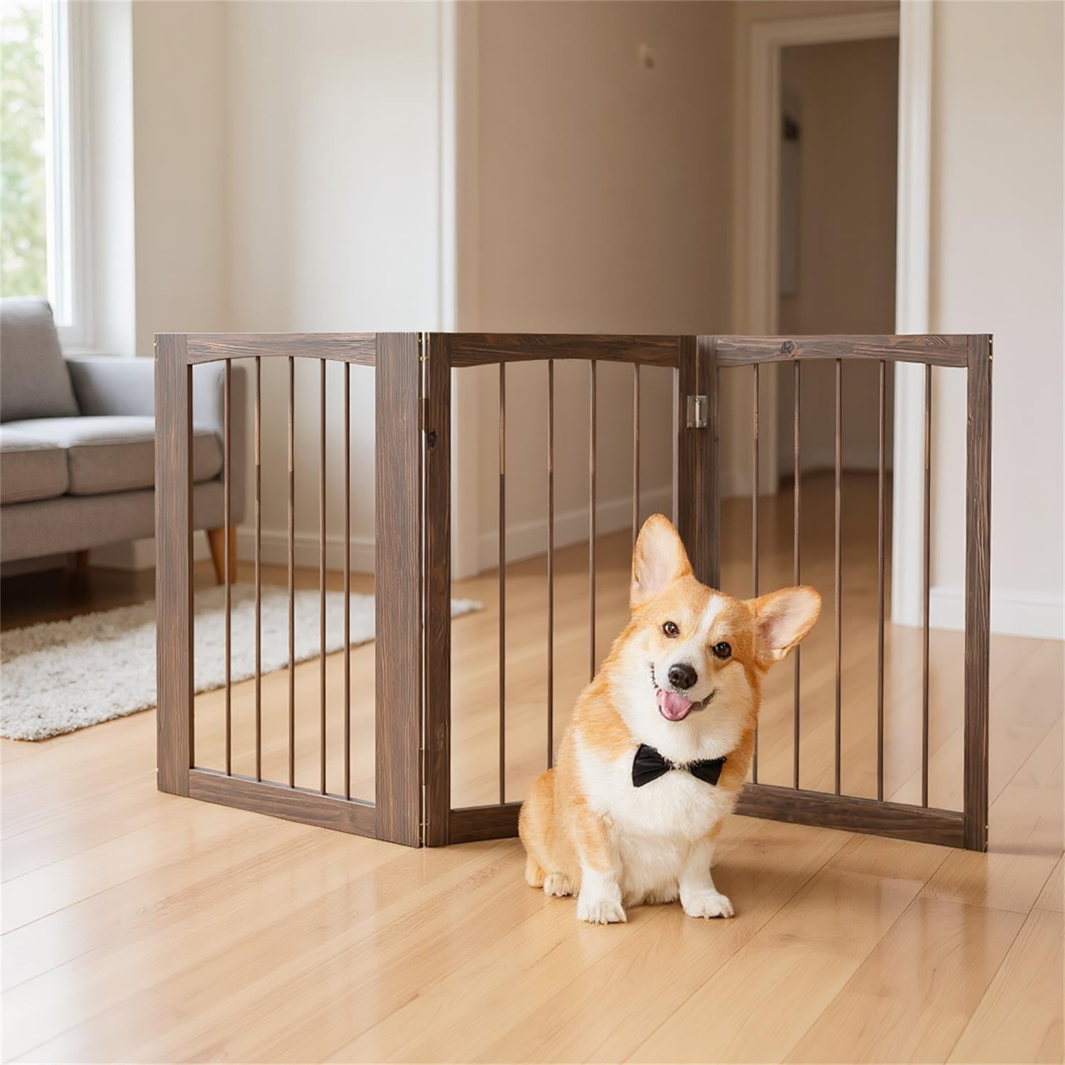 Pefilos 17.5" Freestanding Pet Dog Gate for House Doorway Stairs Indoor Wooden Dog Fence 3 Panels Foldable, Beige