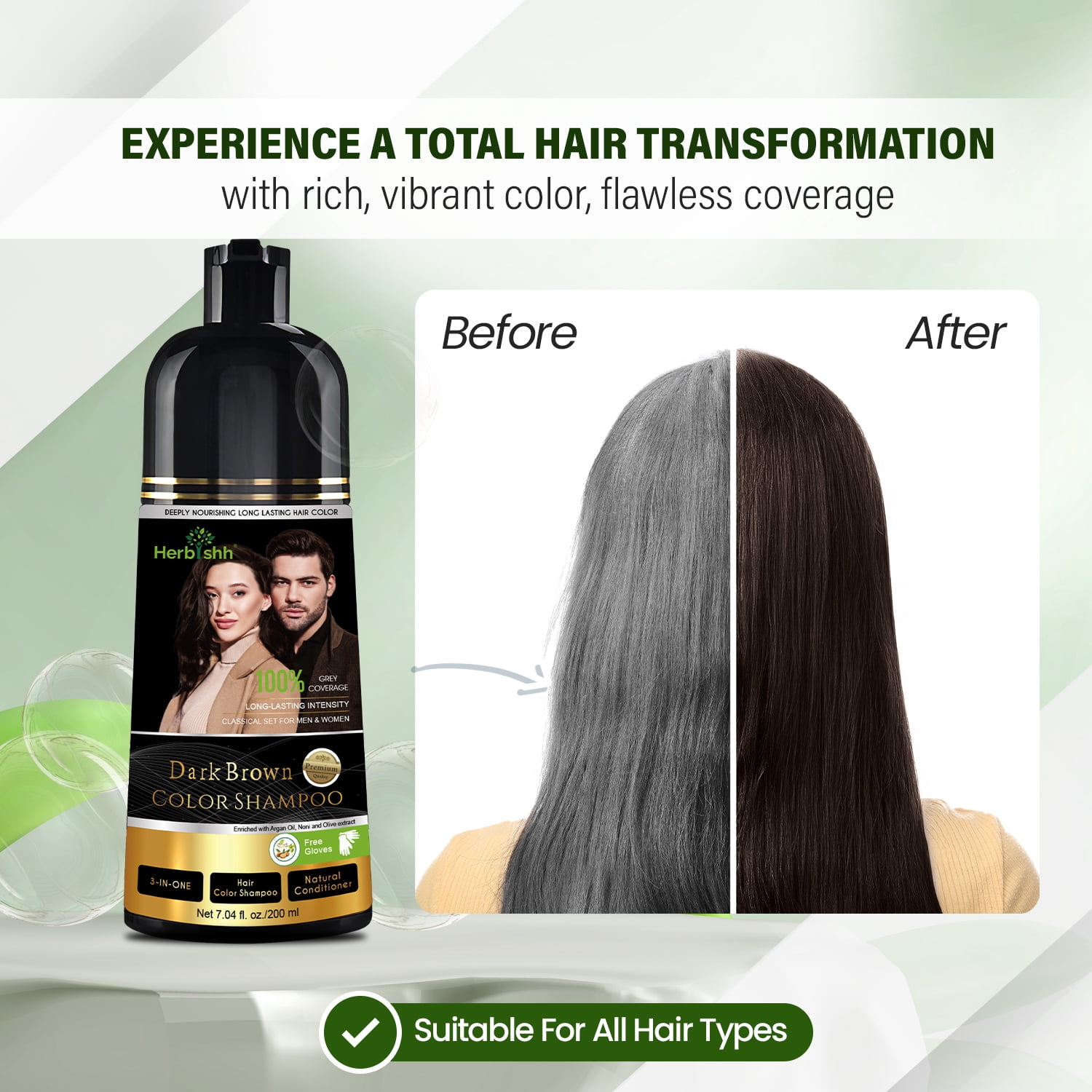 (2 pack) Herbishh Dark Brown Hair Color Shampoo for Gray Hair, Hair Dye Shampoo 3 in 1, 100% Gray Coverage, Permanent Hair Color for Men & Women, Ammonia-free, 200 ml