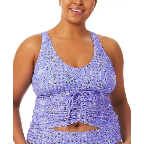 California Waves FLOWERY FLOW PURPLE Plus Size Ruched Tankini Top, US 2(20/22)