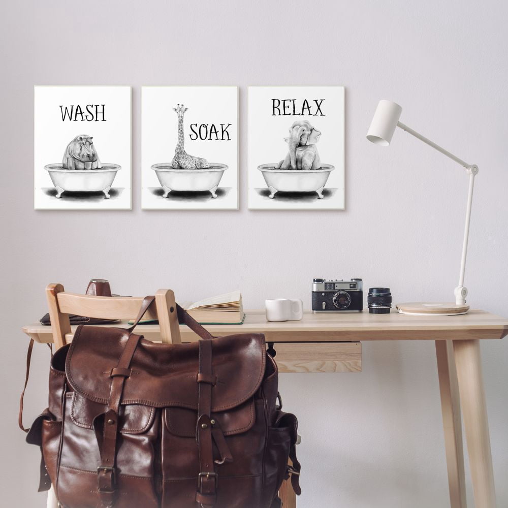 Stupell Industries Wash Soak And Relax Jungle Animal Bath Tub Framed Wall Art Design by Rachel Nieman, 3 Piece, 11" x 14", Gray Framed