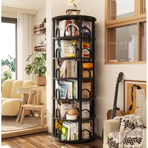 Torre de estantería giratoria Aheaplus de 6 niveles, negra, para espacios pequeños