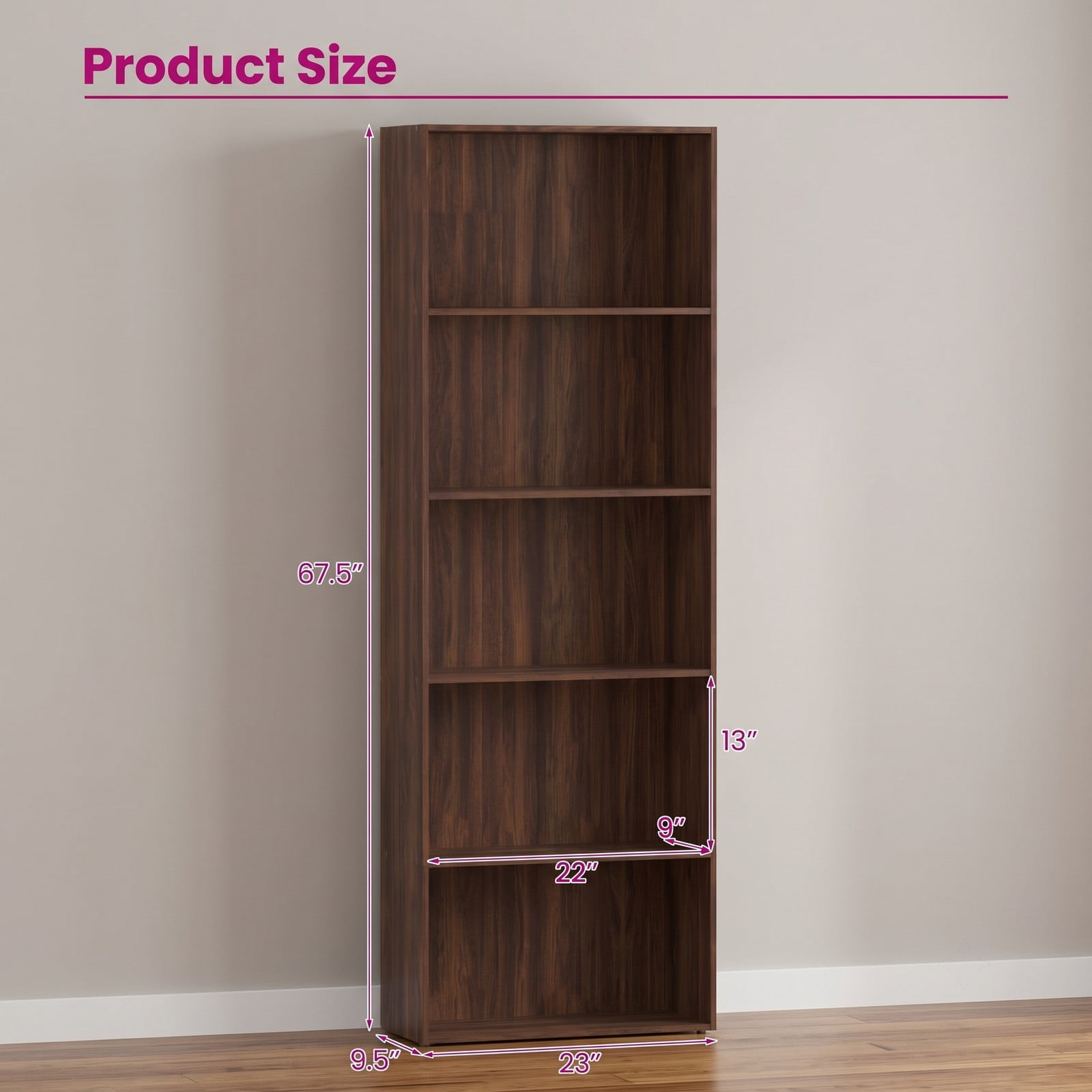 Furnibear 5-Shelf Bookcase, 67 Inch Tall Wood Storage Bookshelf, Modern Multi-Functional Display Cabinet with Anti-Tipping Kit for Home Office, Living Room, Bedroom