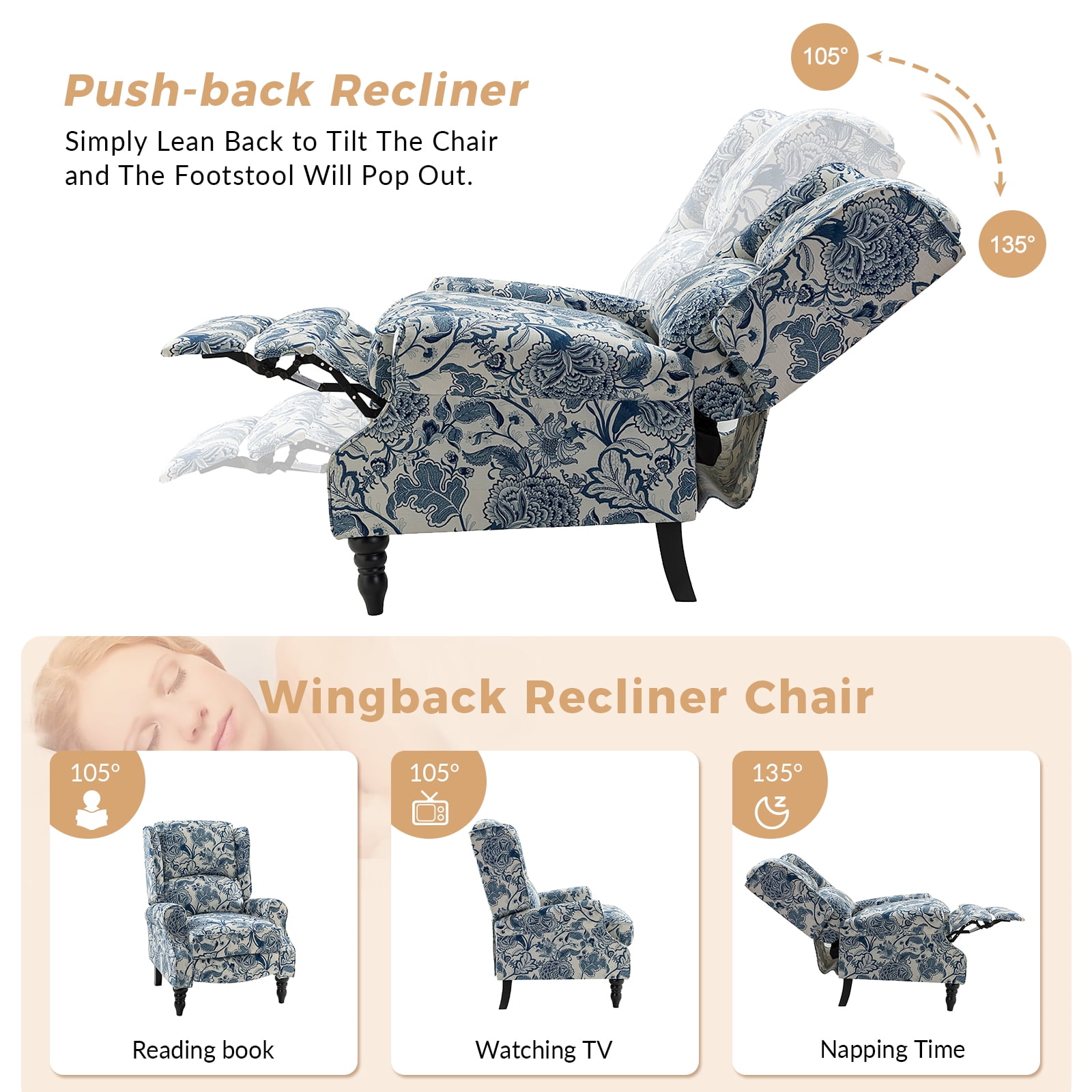 Tina's Home Vintage Floral Wingback Manual Push Back Recliner Chair for Living Room Home Theater GREENGUARD Certified Blue