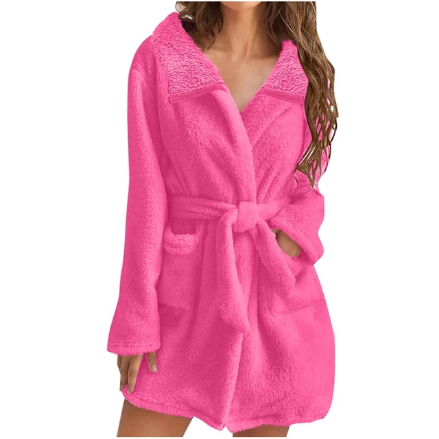 cfhntfmh Womens Fuzzy Robe Mid Length Bathrobe Belted Long Sleeve Soft Bath Robes Plush Fall Winter Spa Robes with Pockets