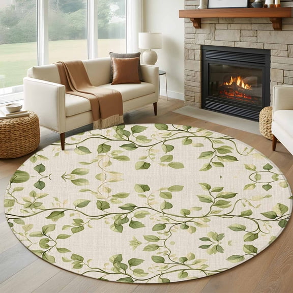 Round Rugs 5Ft, Green Leaves Round Area Rug Washable Indoor Throw Carpet, Spring Retro Watercolor Pastoral Plants Soft Non Slip Circle Rug for Cabinet Bathroom Home Decor Aesthetic