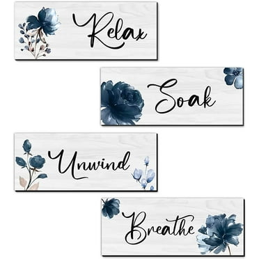 CELIVESGG 4 Pieces Bathroom Wall Decor, Dark Blue, Wood Hanging Sign for Home Spa Bathroom