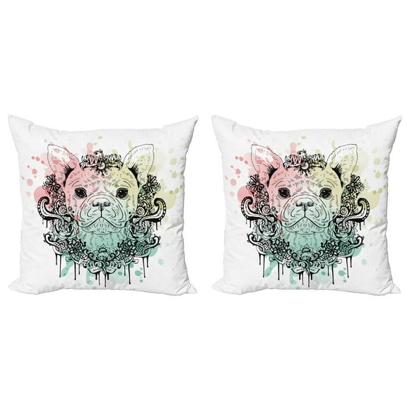 Ambesonne Animal Throw Pillow Cover 2 Pack, French Bulldog Flowers, 18", Pale Green Pale Pink