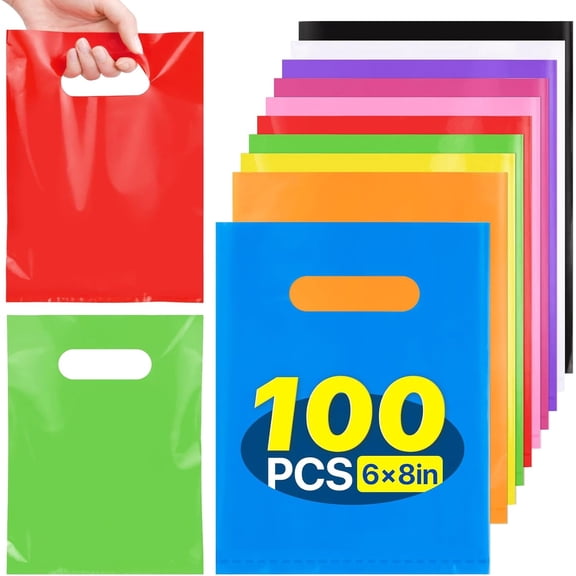 AUCLAY 100 Pcs Multicolor Party Favor Bags with Handle, Small Plastic Gift Bags Bulk for Kids Birthday Party, School, Halloween, Christmas
