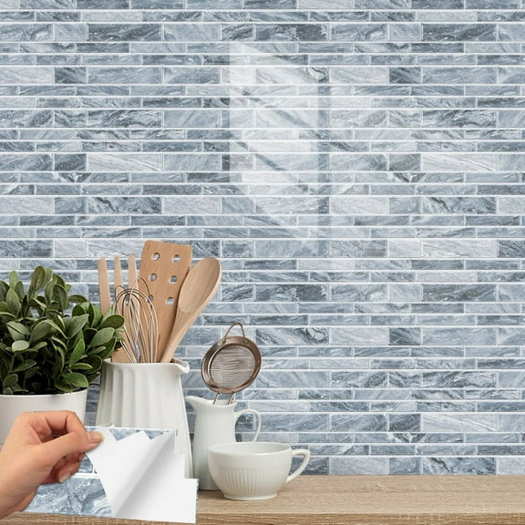 12Pcs Gray Blue Marbling Wall Stickers 9.68" x 2.36" Self-adhesive Wall Decals Waterproof Vinyl Peel and Stick Tiles Backsplash