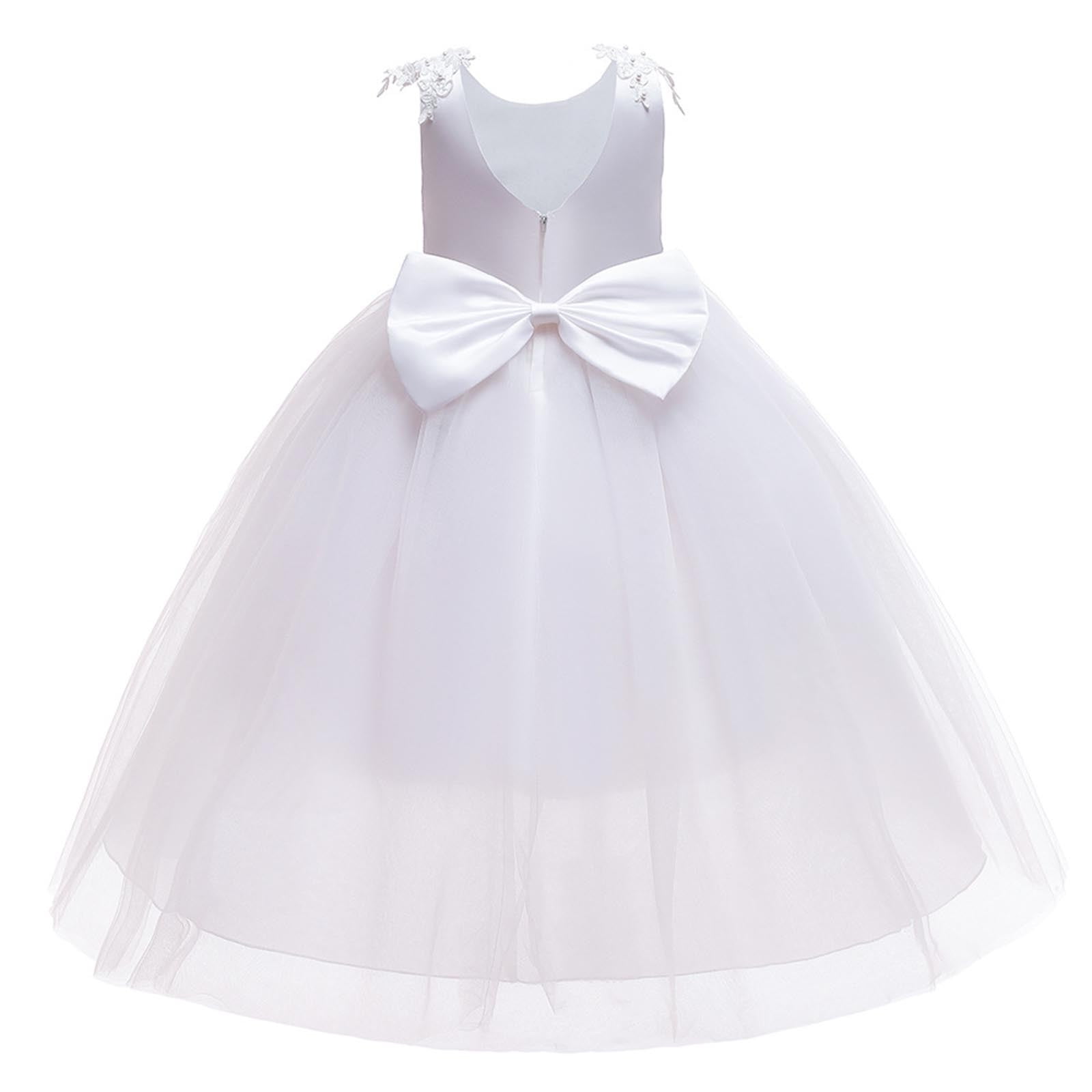 ATOGUTA 7-14 Years Bridesmaid Dresses for Girls Tulle Dresses Bridesmaid Wedding Communion Birthday Party Pageant Maxi Prom Gown for Kids White