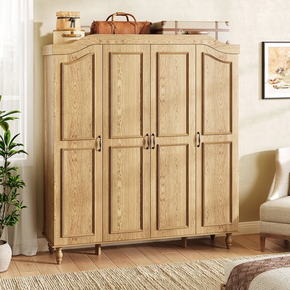 NVCODSA 71 Inch Natural Farmhouse Armoire Wardrobe Cabinet with 4 Doors, Shelves and Hanging Rod for Bedroom