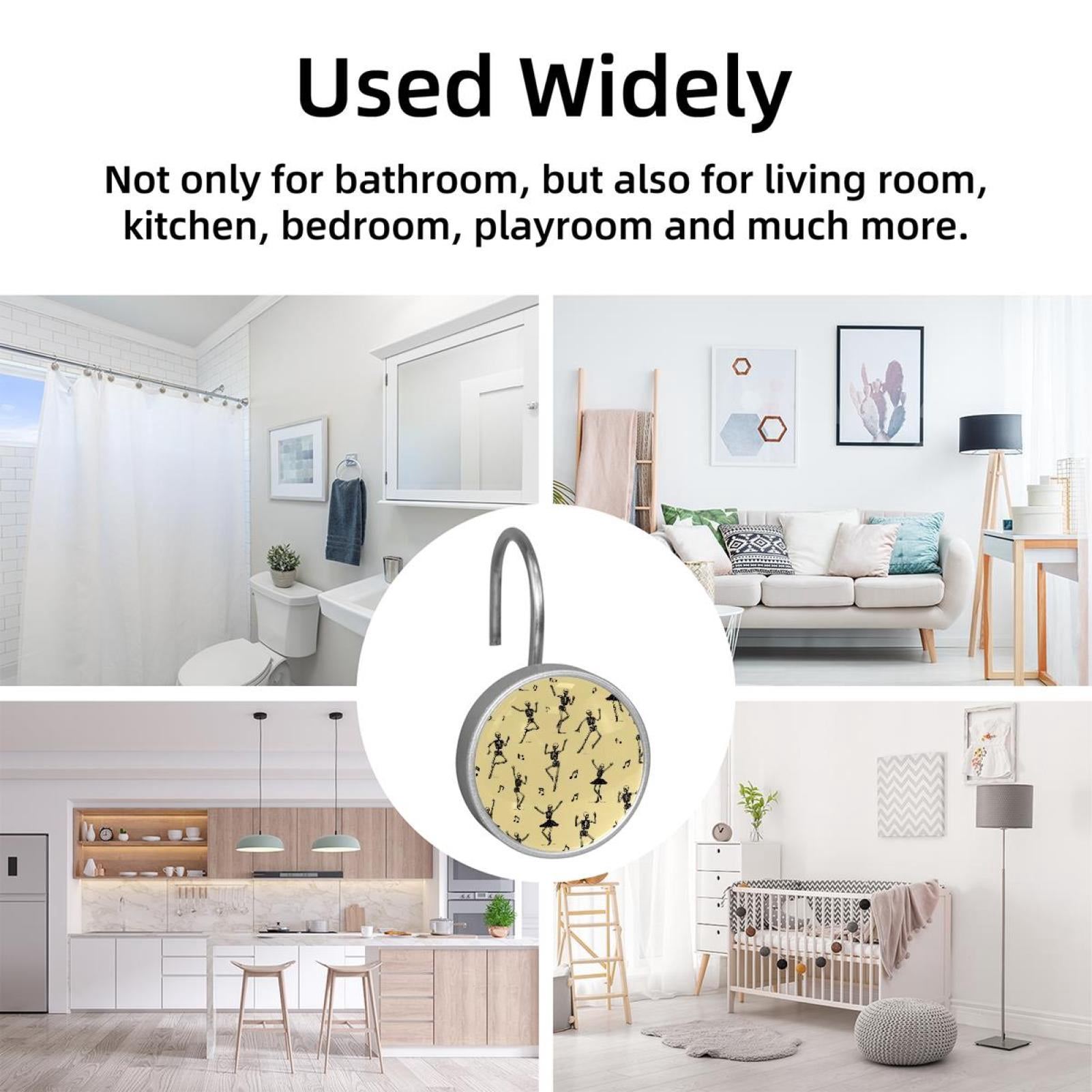 12pcs Decorative Shower Curtain Hooks, Rust Resistant Shower Rings for Bathroom Living Room,Rustproof Stainless Steel Rings for Shower Curtain and Liner Rods,Ballet Dancing Skeleton Yellow