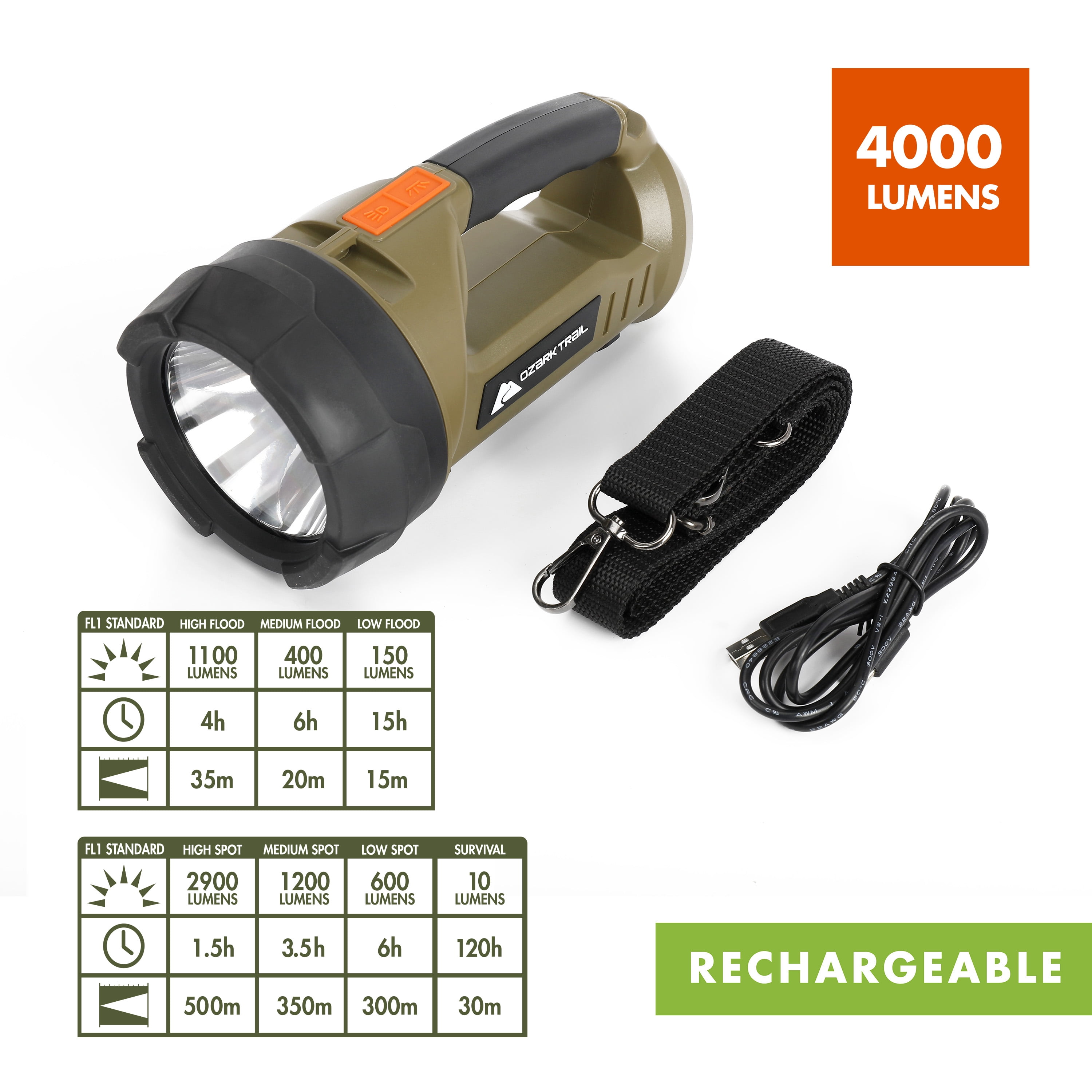 Ozark Trail LED 4000 Lumen Dual Source Rechargeable Flashlight, with 5000 mAh Power Bank, Olive