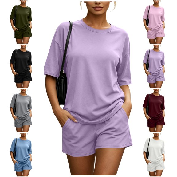 MLCDZ Women 2 Piece Lounge Set Summer Casual Short Sleeve Round Neck Oversized Shirts Biker Shorts Matching Airport Travel Outfit Clothes