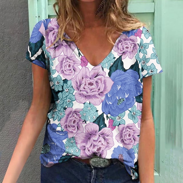 T-Shirts d'Été pour Femmes Grande Taille à Manches Courtes Femmes Blouse Imprimée d'Été T-Shirts Décontractés à Col en V T-Shirts à Manches Courtes Hauts T-Shirt à Col en V Femmes en Liquidation