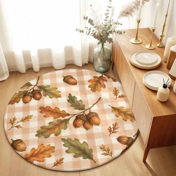 Round Rugs 5Ft, Thanksgiving Round Area Rug Washable Indoor Throw Carpet, Fall Farmhouse Leaves Cones Orange Plaid Soft Non Slip Circle Rug for Cabinet Bathroom Home Decor Aesthetic