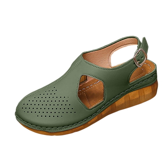 TAGOLD Women's Sandals,Women's Fashionable Casual Versatile Plus Size Beach Wedge Slippers Solid Color Round Toe Closed Toe Buckle Slippers