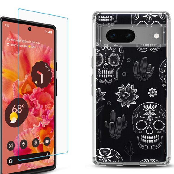 OneToughShield ® for Google Pixel 7a Shockproof Bumper Phone Case, with Tempered Glass Screen Protector - Skull Mix