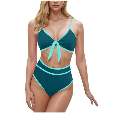 Oplxuo Women s High Waisted Bikini Sets Colorblock Tie Front Sporty Swimsuits Cheeky Tummy Control Two Piece Bathing Suit